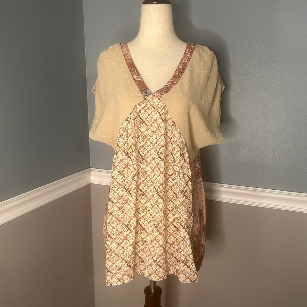 Gimmicks Boho oversized shirt‎ Swiss Dot V Neck Casual Brown Paisley XS